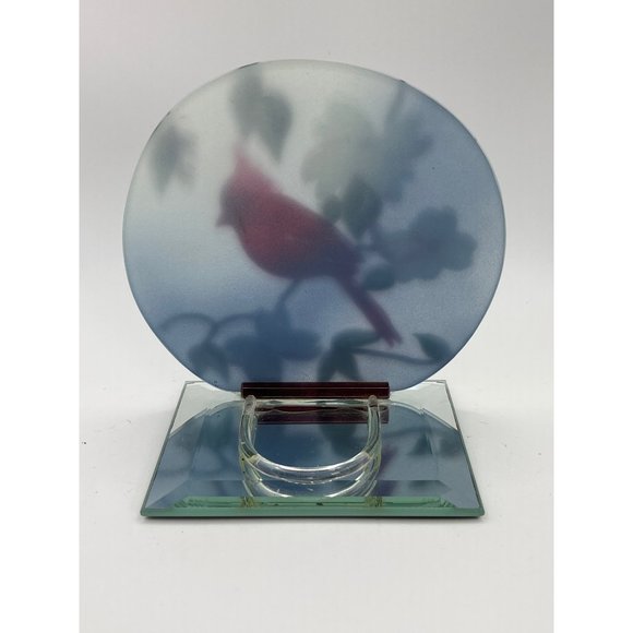 Glass Candle Holder Painted Cardinal Mirrored Apple Blossoms Tea Light - Picture 3 of 4